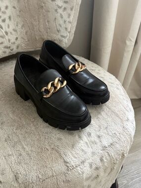 Black Leather Chunky Chain Loafers - Women's Dress Shoes